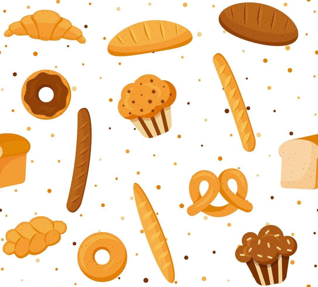 bageri Produkter bullar och bröd sömlös mönster vektor. vektor