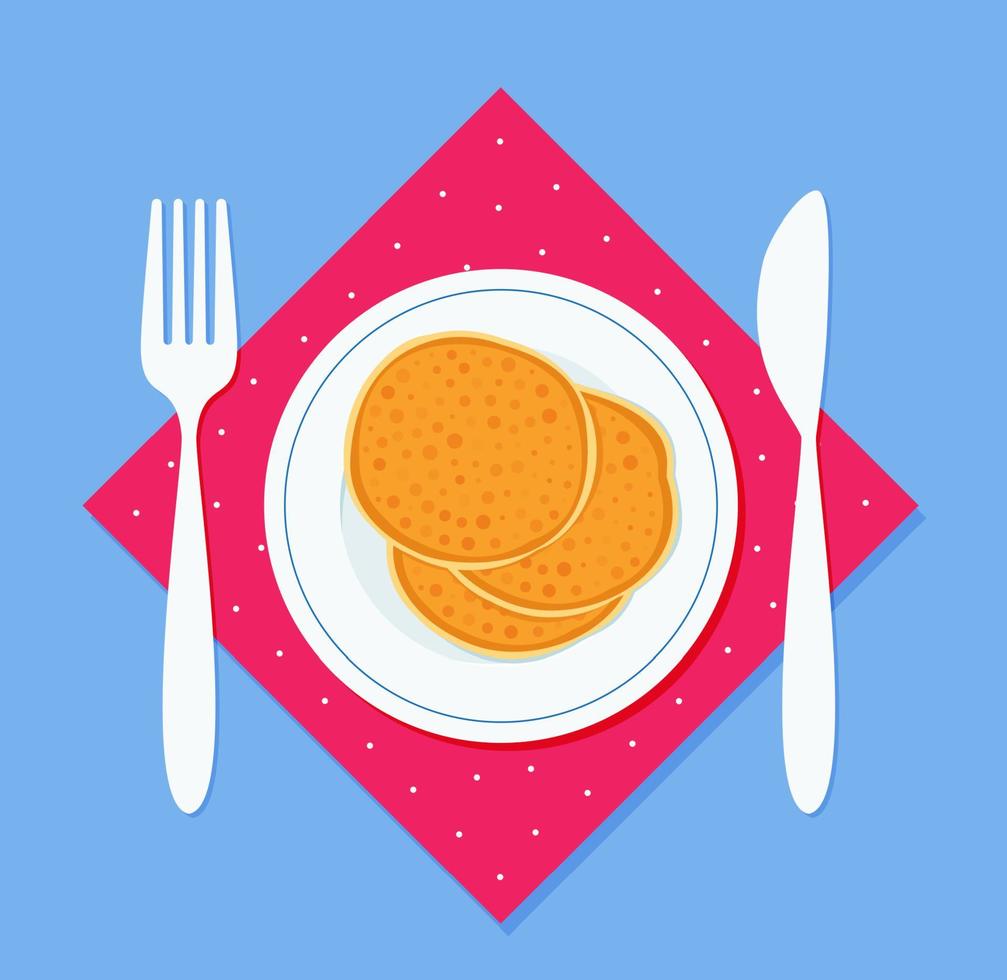 frukost pannkakor på en tallrik, med en gaffel och en kniv på en servett. vektor illustration i platt stil