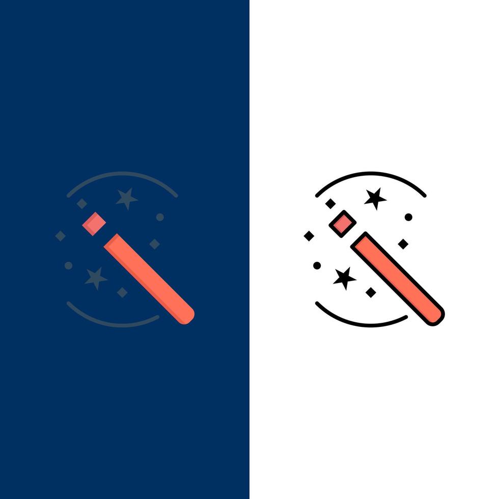 Tricks Lösung Magic Stick Symbole flach und Linie gefüllt Icon Set Vektor blauen Hintergrund