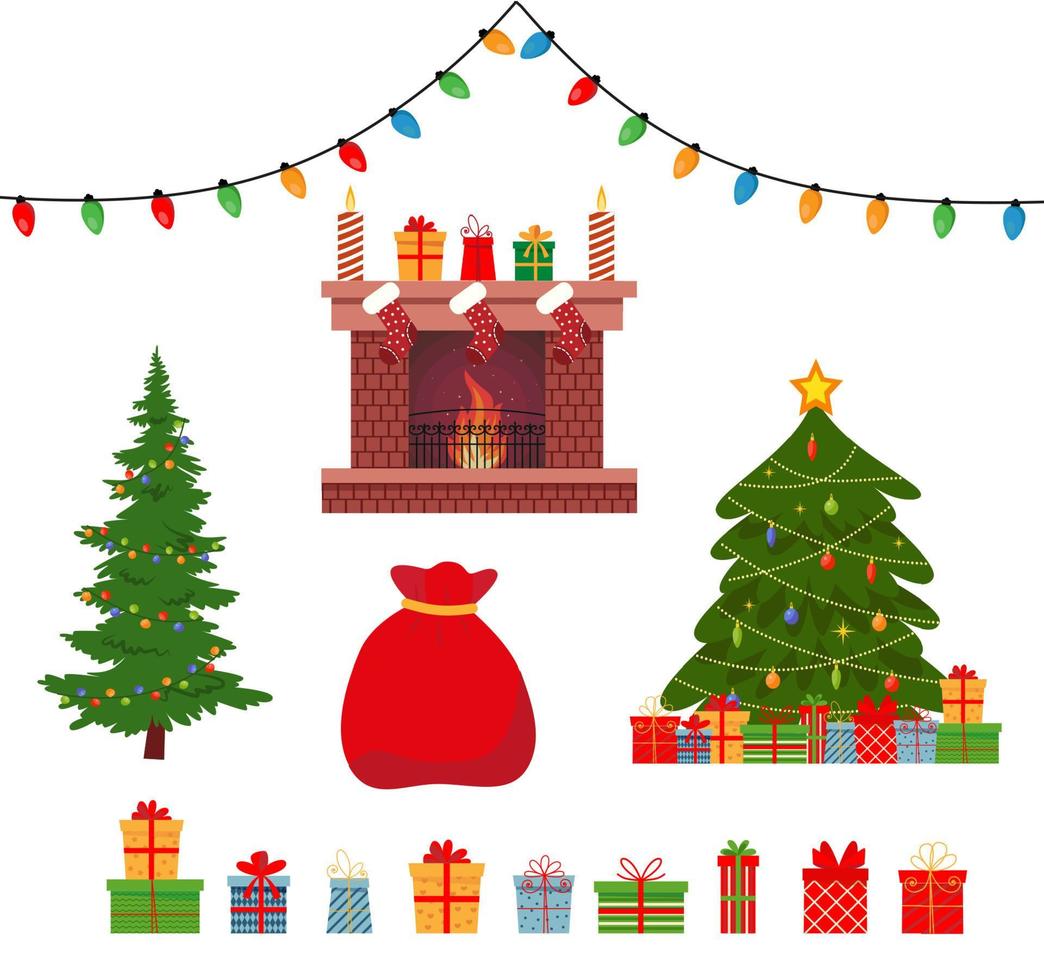 weihnachtsset mit dekorativen winterartikeln - geschenkboxen, girlanden, socken, kränze, weihnachtsbäume einzeln auf weißem hintergrund. flache vektorillustration im karikaturstil. vektor