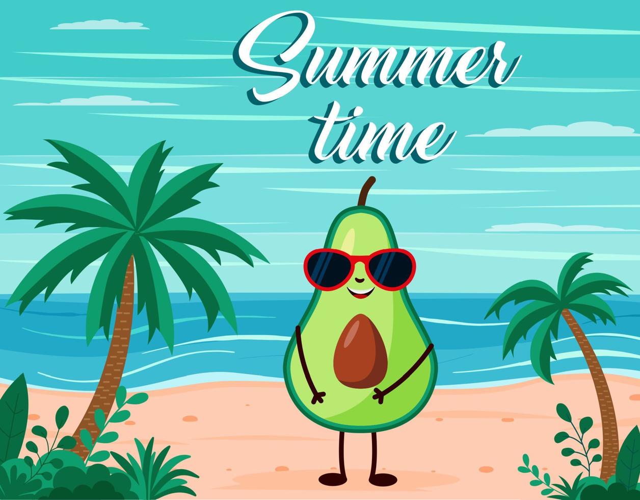 rolig sommar strand bakgrund med avokado frukt karaktär. tecknad serie stil. sommar tid vykort vektor