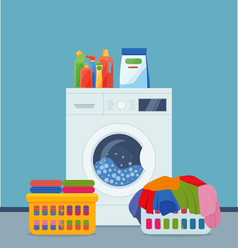 Waschmaschine, Wäschekorb und Reinigungsmittel. vektorillustration im flachen stil. vektor