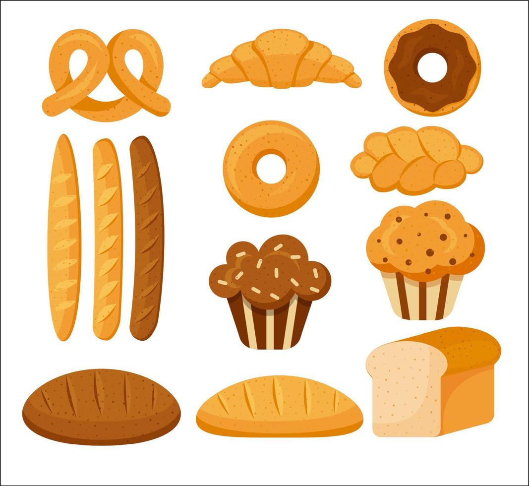 uppsättning av bageri Produkter. bakverk bakning, croissant. bröd, batong, peletenka, cupcake, tecknad serie stil vektor