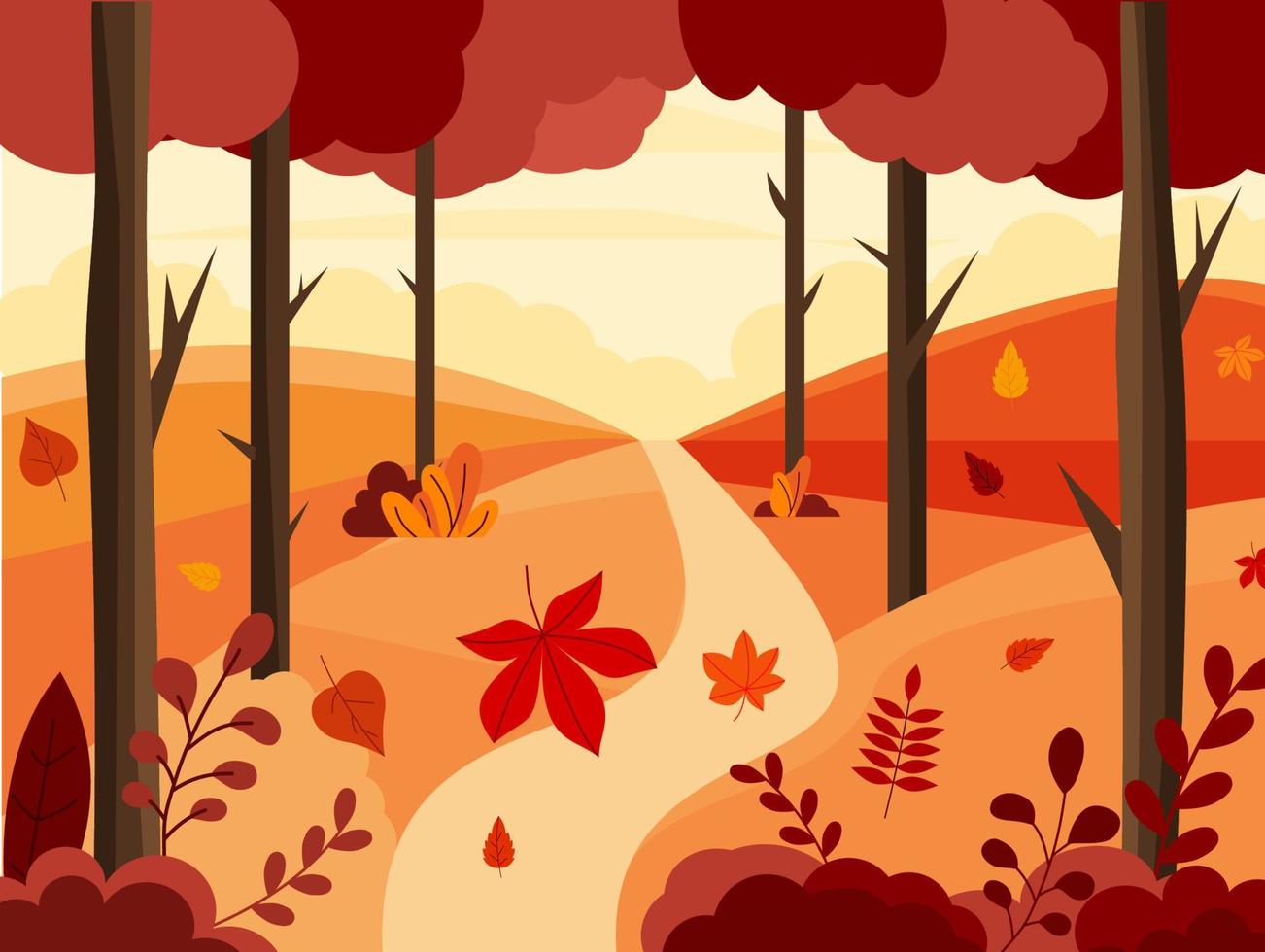 Herbstlandschaftspfad im Wald. vektorillustration im flachen stil vektor