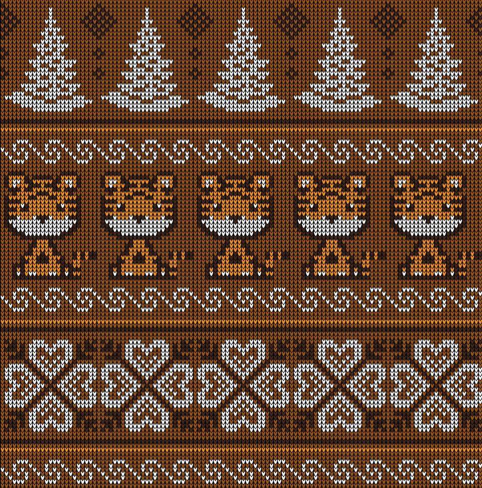 gestricktes weihnachts- und neujahrsmuster in tiger. Wollstrickpullover-Design. Tapete Packpapier Textildruck. vektor