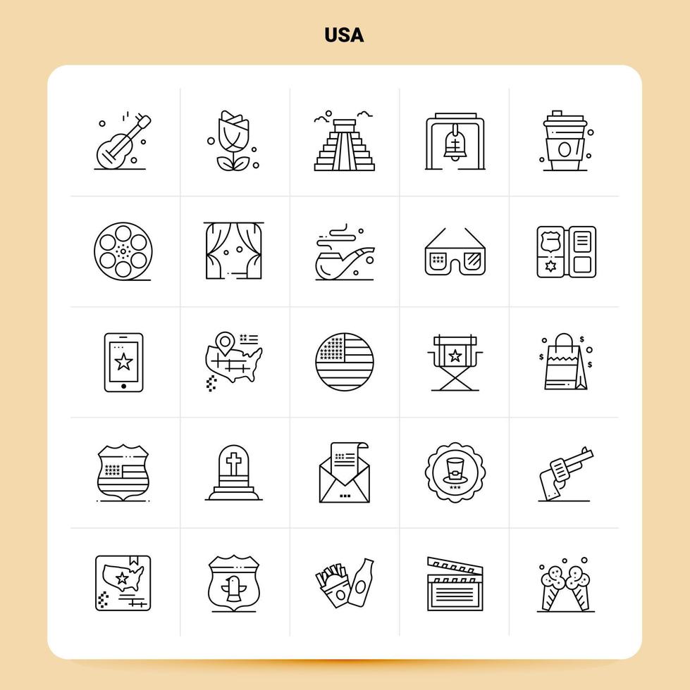 Umriss 25 USA Icon Set Vektor Line Style Design schwarze Icons Set lineare Piktogramm Pack Web und mobile Geschäftsideen Design Vektor Illustration