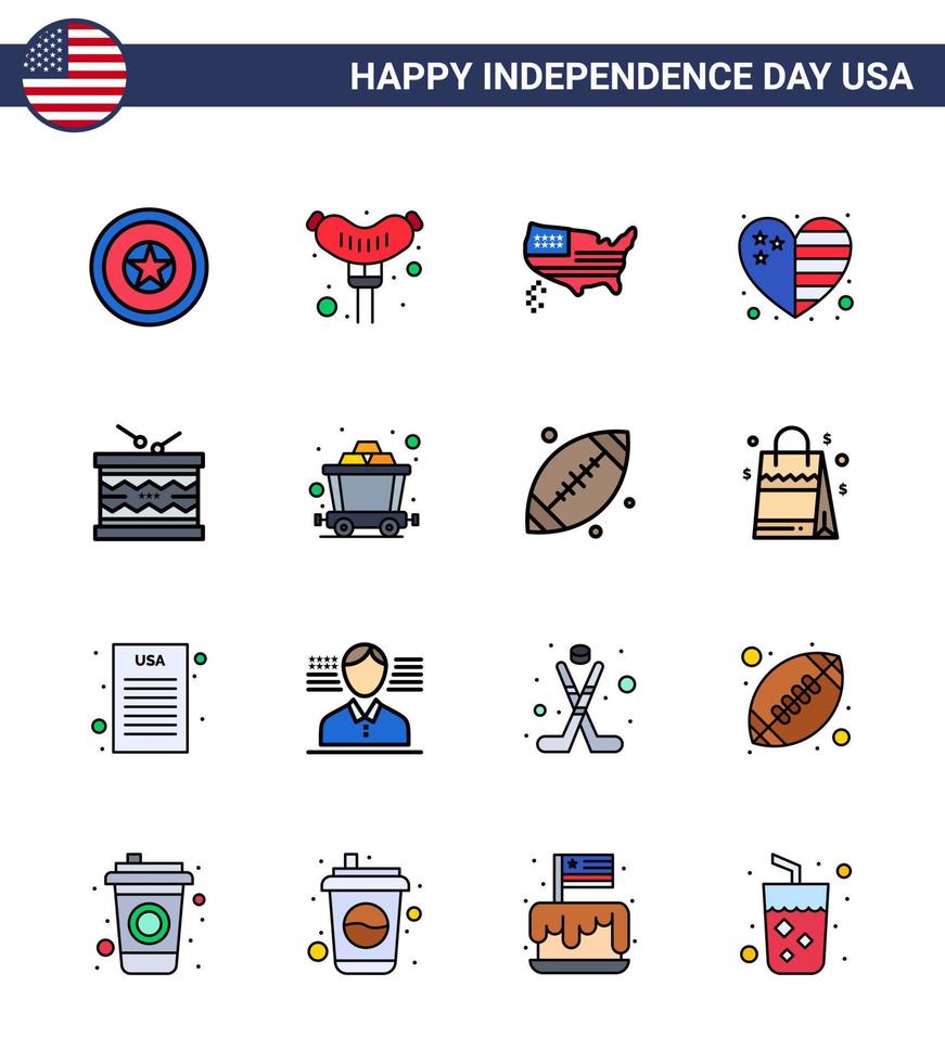 Happy Independence Day Pack mit 16 flach gefüllten Linien Zeichen und Symbolen für irische Trommelkarte USA-Land editierbare USA-Tag-Vektordesign-Elemente vektor