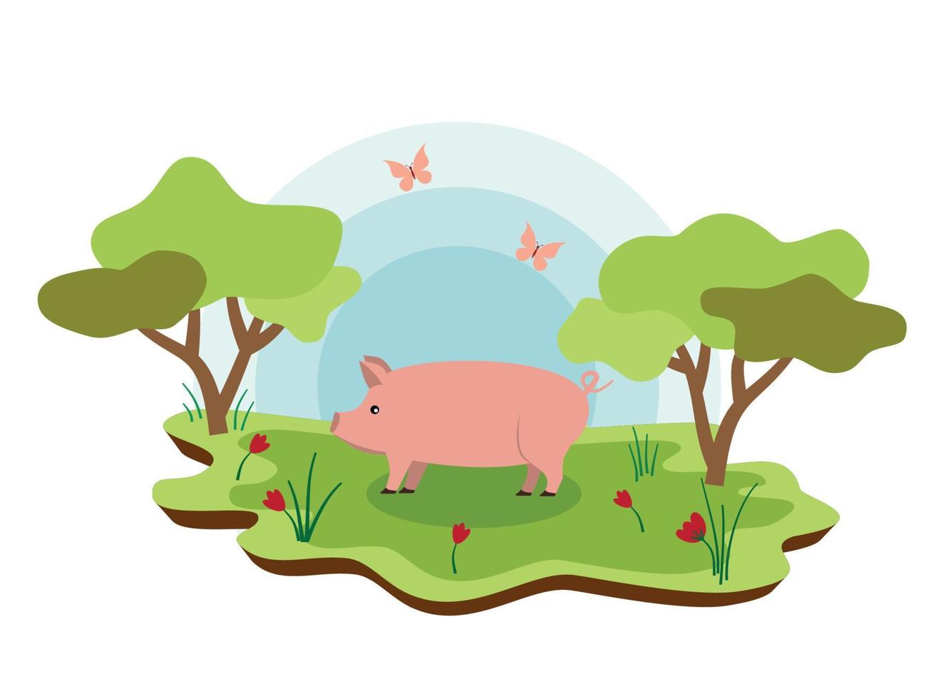 süßes bauernhofschwein mit frühlingslandschaft. Vektor-Cartoon-Illustration vektor