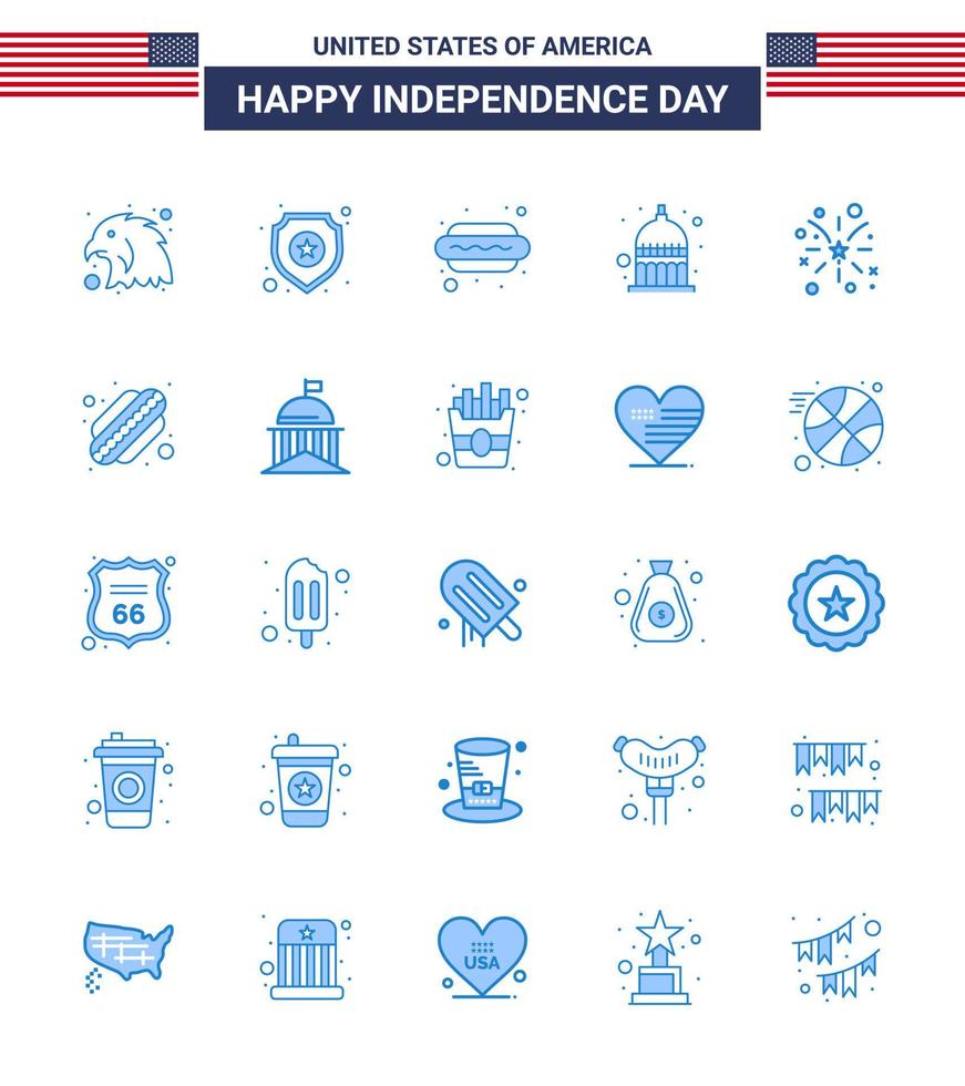 4:e juli USA Lycklig oberoende dag ikon symboler grupp av 25 modern blues av amerikan fyrverkeri hund USA indiana redigerbar USA dag vektor design element