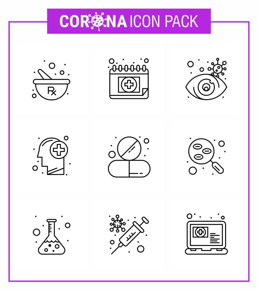 Coronavirus 9-Zeilensymbol, das zum Thema Koronaepidemie eingestellt ist, enthält Symbole wie Arzneimittel menschliches Auge medizinisches Gehirn virales Coronavirus 2019nov Krankheitsvektor-Designelemente vektor