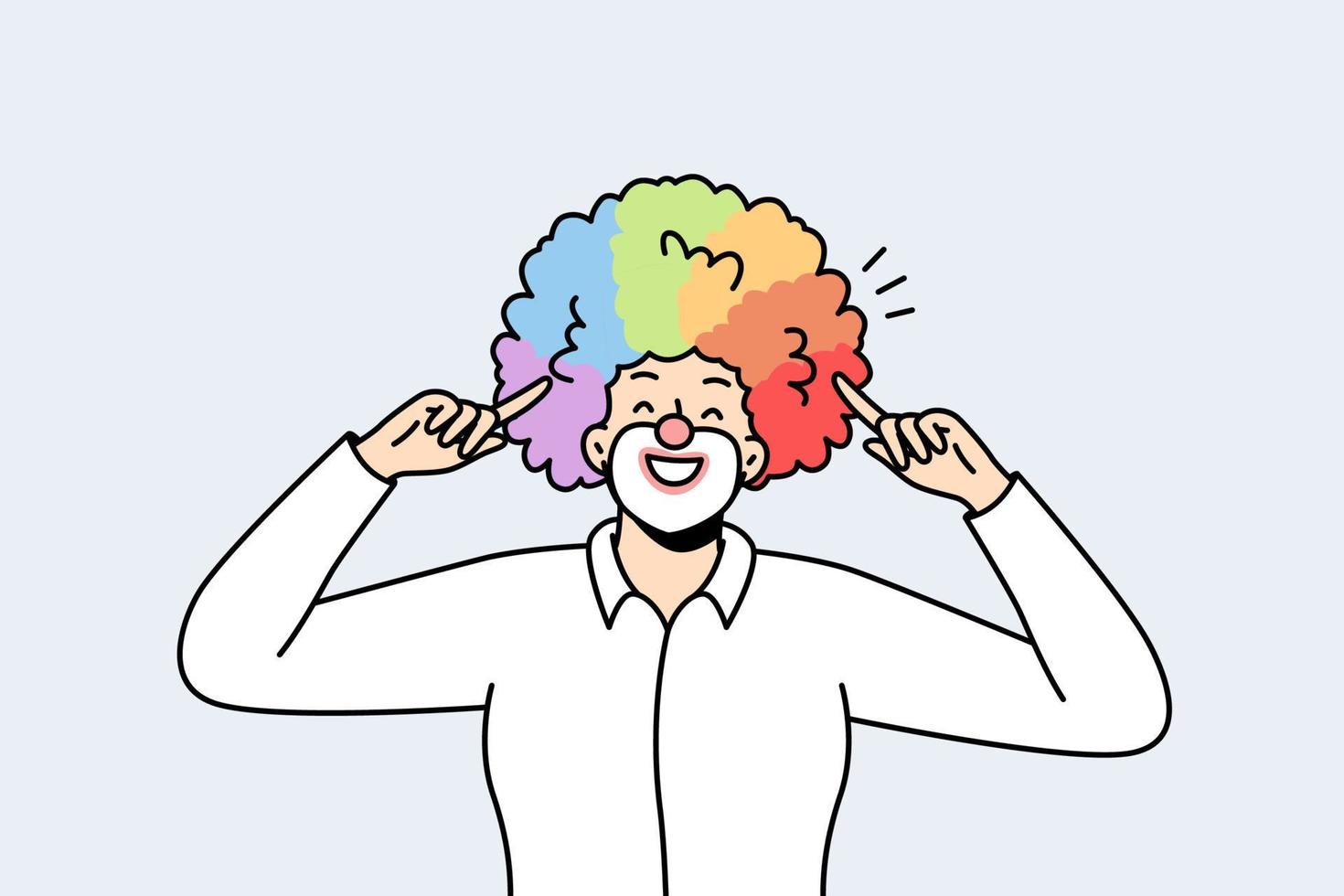 porträtt av manlig clown pekande med index fingrar på hans omfattande flerfärgad frisyr, peruk. HBTQ leende man med regnbåge hårstrån. Gay stolthet. främre se. vektor minimalistisk modern design.