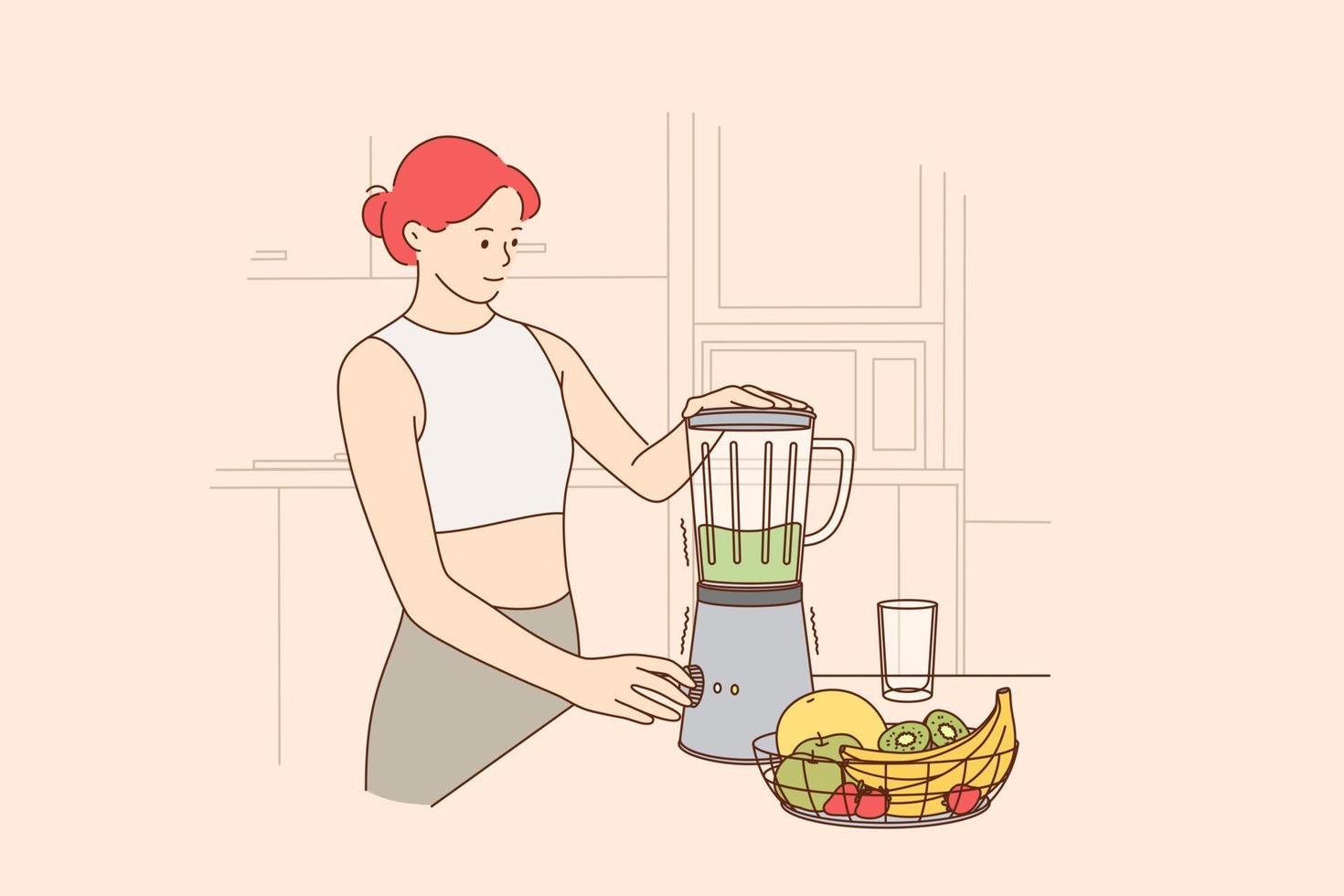 friska äter, vegetarian diet, rena äter begrepp. ung leende röd håriga kvinna stående och blandning färsk frukt till göra friska grön smoothie för frukost på Hem illustration vektor