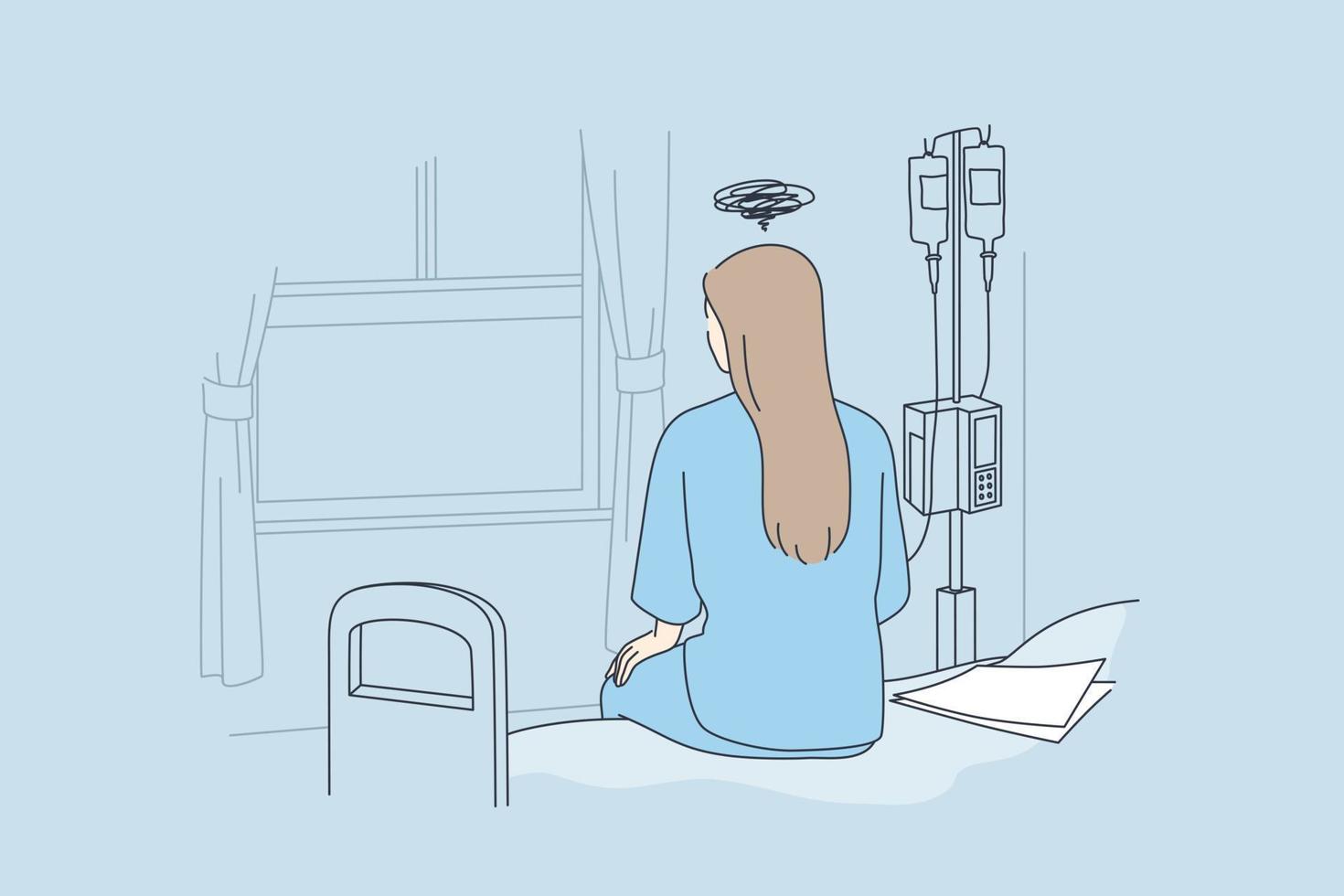 sjukdom, sjukdom, sjukhus begrepp. tillbaka se av ensam ung kvinna Sammanträde på säng i sjukhus känsla deprimerad med kropp kolla upp resultat papper Förutom i klinik vektor illustration