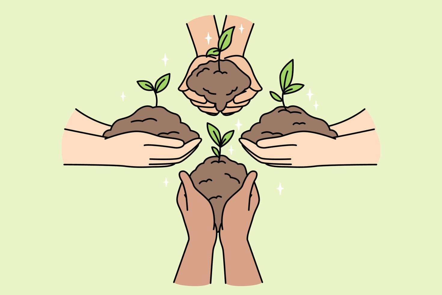 Gesichtslose Menschen halten Pflanzensprossen in handvoll Erde in ihren Handflächen. Green Business, Startup, Teamarbeit, umweltfreundliche Aktivitäten, Gartenarbeit, Pflanzen von Grün. minimalistisches Vektorkonzept. vektor