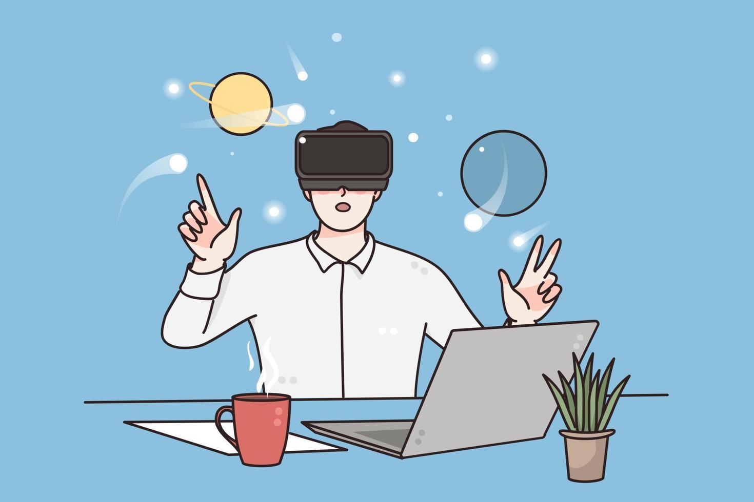virtuell verklighet, vetenskap och teknologi begrepp. ung man bär virtuell verklighet headsetet Sammanträde och arbetssätt på projekt i dator klass vektor illustration