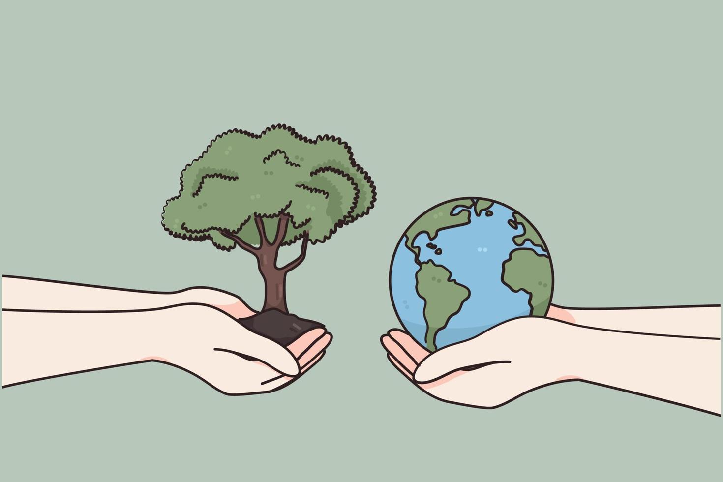internationell dag av välgörenhet och donation begrepp. två mänsklig händer försiktigt innehav grön träd med jord och jord klot över grön miljö bakgrund vektor illustration
