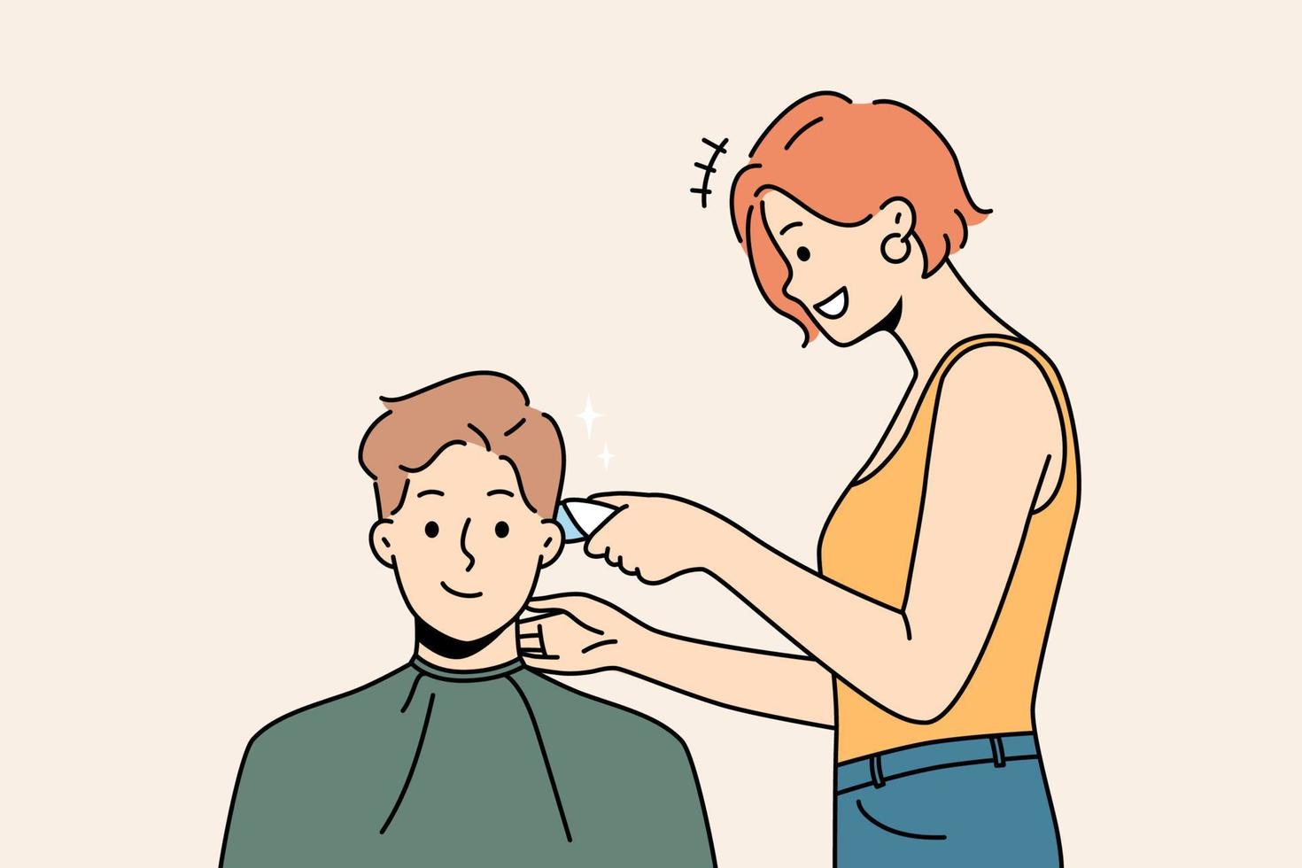 leende manlig klient skaffa sig frisyr i frisör. kvinna barberare ge frisyr till Lycklig man kund i salong. skönhet och hårvård. vektor illustration.