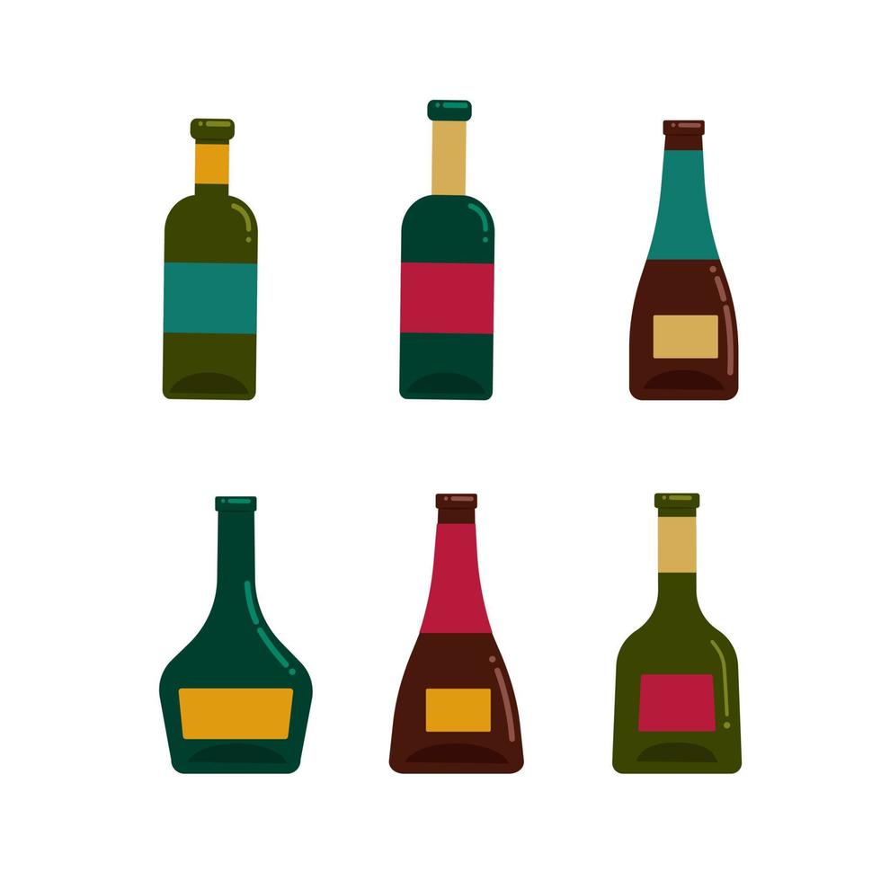 en uppsättning av glas vin flaskor av annorlunda former och färger. vektor illustration i platt stil. isolerat objekt på en vit bakgrund