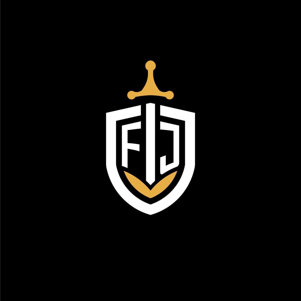 kreativ brev fj logotyp gaming esport med skydda och svärd design idéer vektor