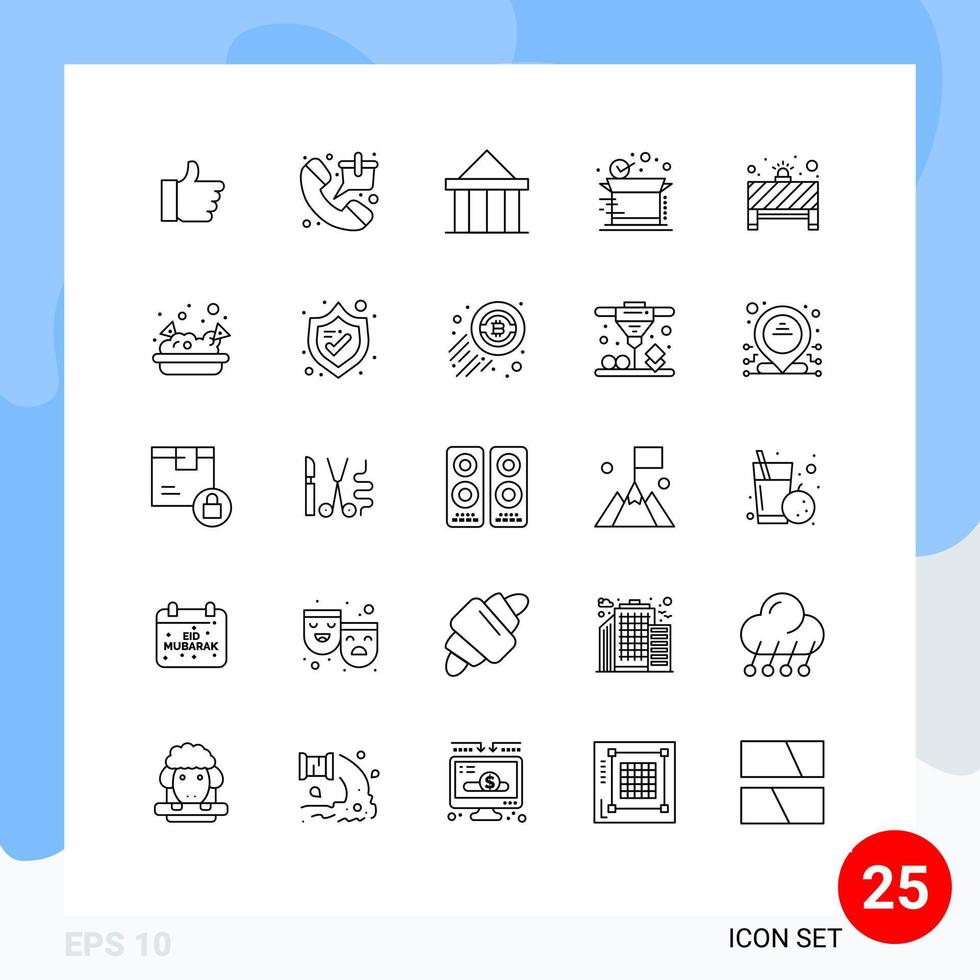 Linienpackung mit 25 universellen Symbolen für den Versand, Lieferung, Einkaufsbox, Gericht, editierbare Vektordesign-Elemente vektor