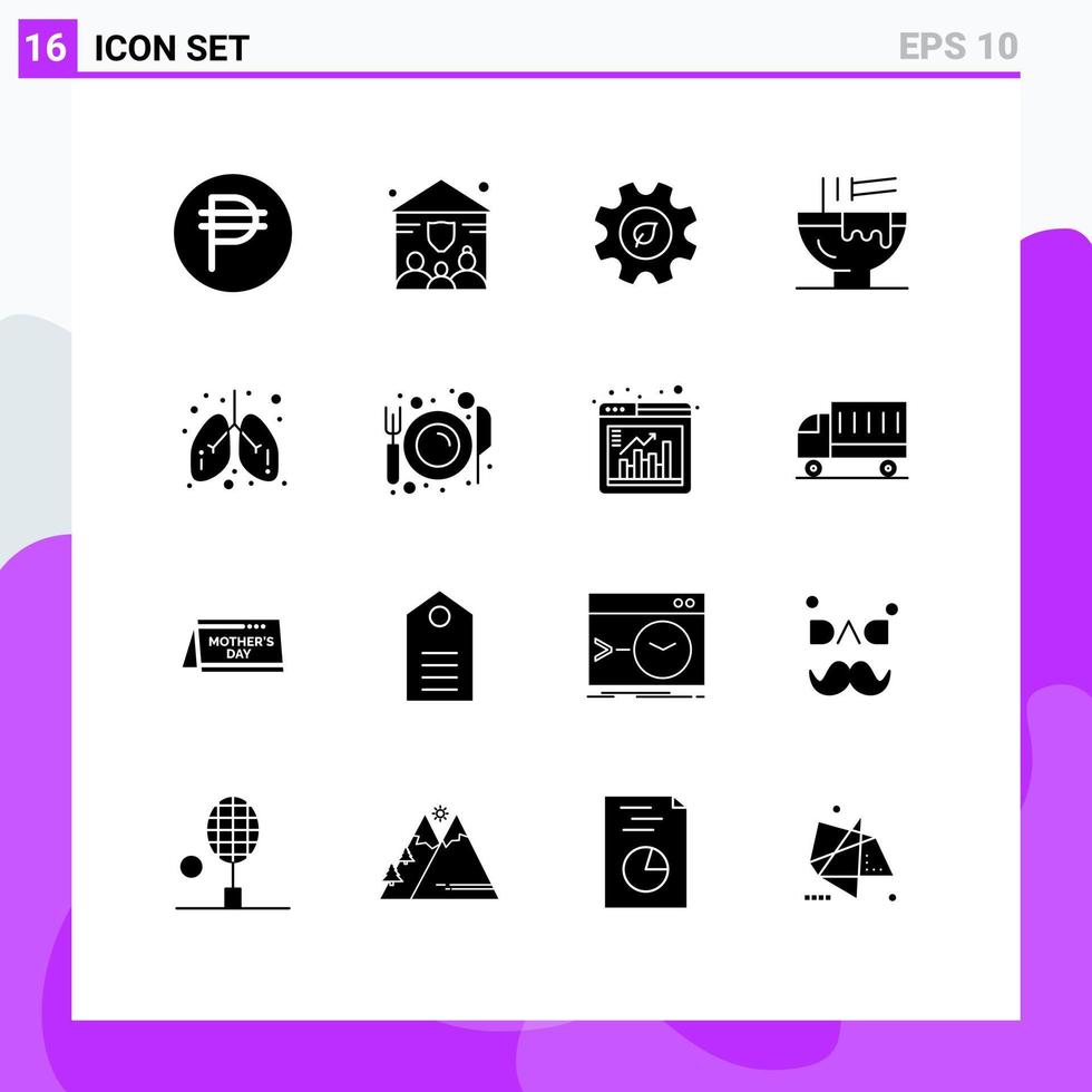 piktogram uppsättning av 16 enkel fast glyfer av hälsa kök ekologi mat dryck redigerbar vektor design element