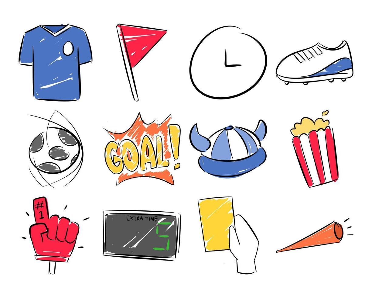 Set-Sammlung von Fußball. konzept von sport, fußball, ausrüstung usw. handgezeichnete vektorillustration. vektor