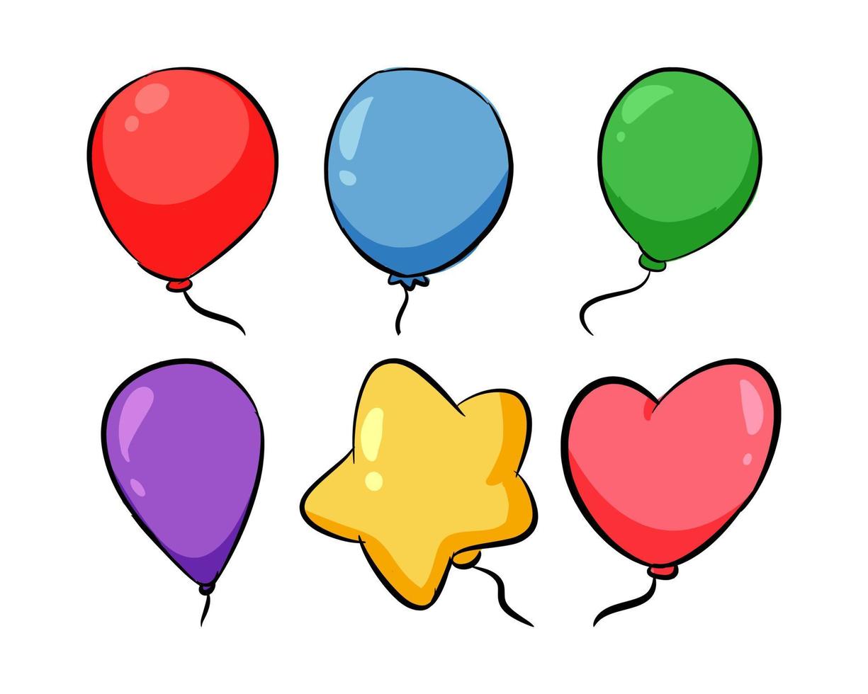 ballong ikon uppsättning. hand dragen vektor. olika färger och former. lämplig för fest, födelsedag, firande. vektor