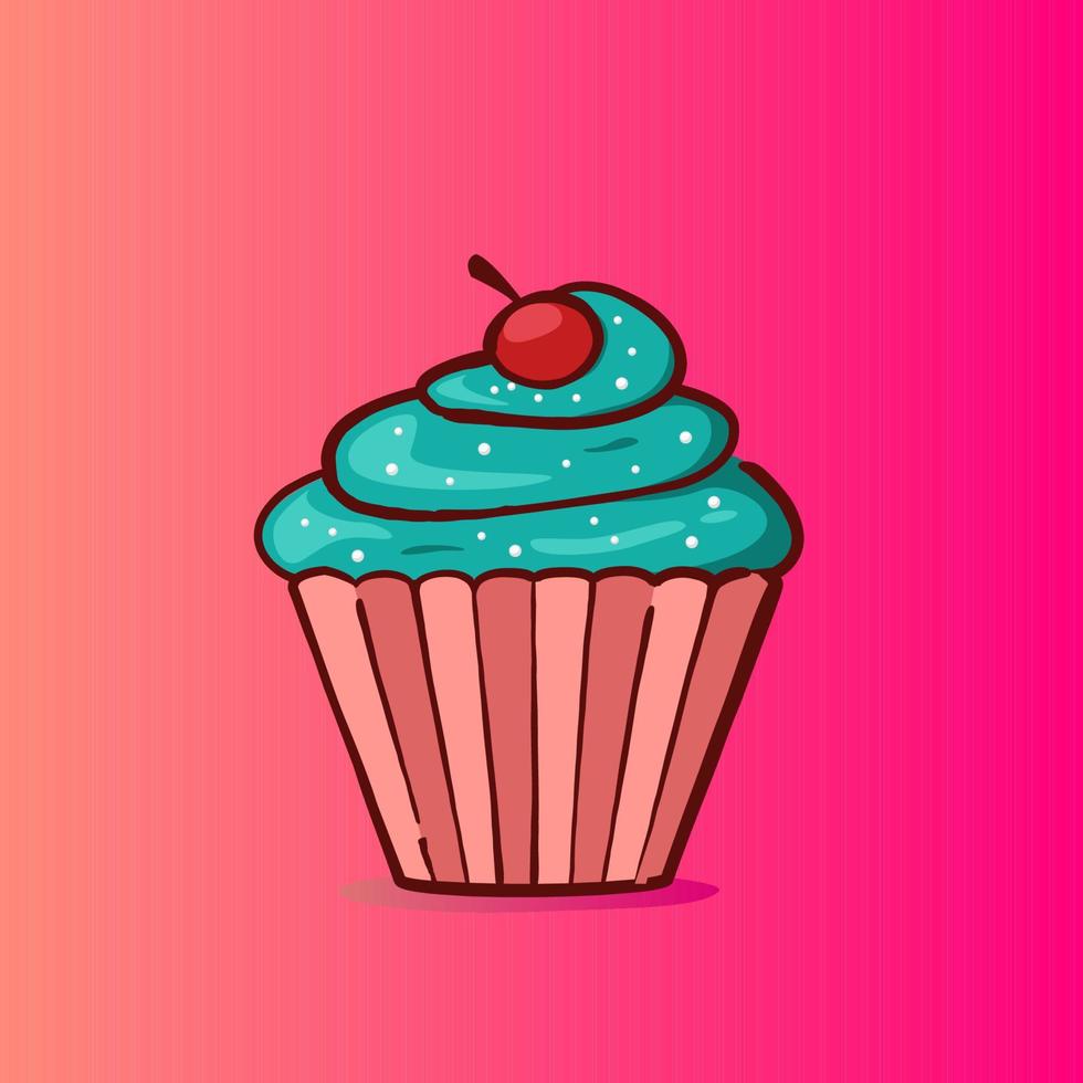 süße Cupcake-Illustration in blauem Minzgeschmack mit Kirsche und Streuseln vektor