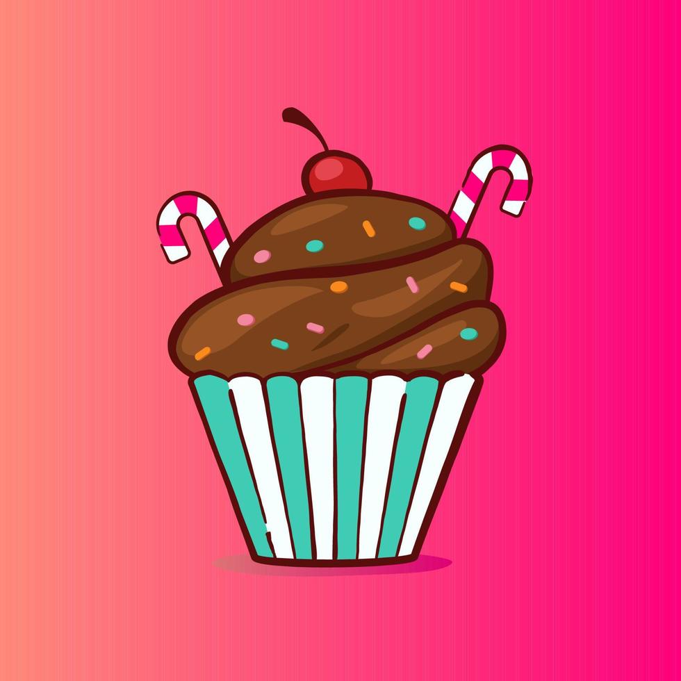 süße Cupcake-Illustration in Schokoladengeschmack mit Süßigkeiten und Streuseln vektor