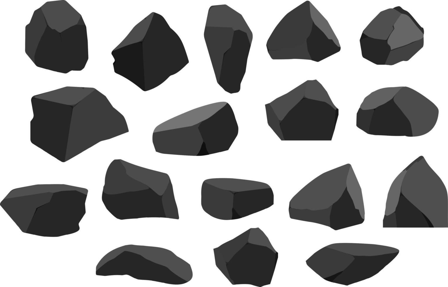 en uppsättning av svart träkol av olika former.samling av bitar av kol, grafit, basalt och antracit. de begrepp av brytning och malm i en min.rock fragment, stenblock och byggnad material. vektor
