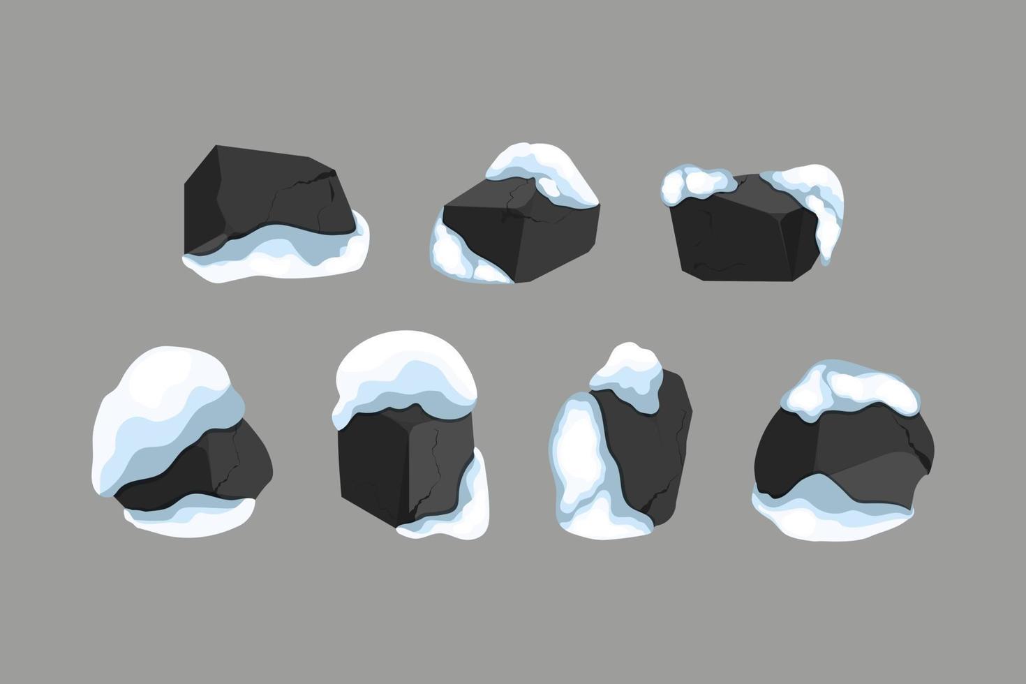 sammlung von steinen verschiedener formen im schnee. küstenkiesel, kopfsteinpflaster, kies, mineralien und geologische formationen. felsfragmente, felsbrocken und baumaterial. vektorillustration. vektor