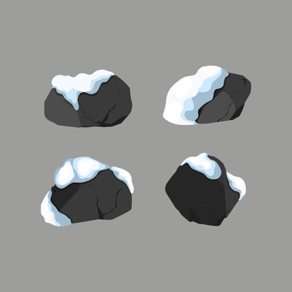 sammlung von steinen verschiedener formen im schnee. küstenkiesel, kopfsteinpflaster, kies, mineralien und geologische formationen. felsfragmente, felsbrocken und baumaterial. vektorillustration. vektor