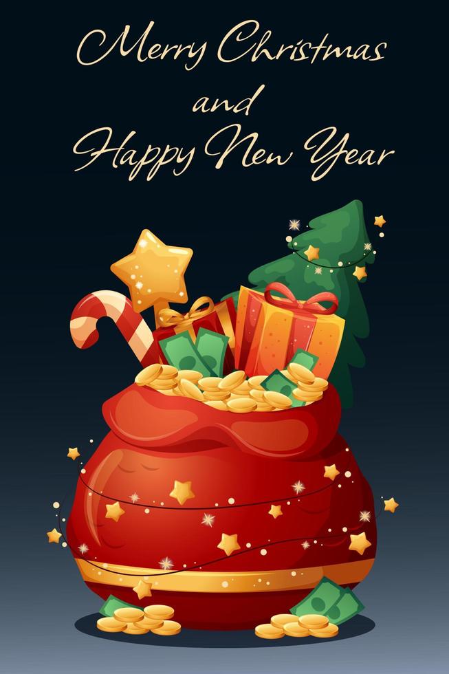 Lycklig jul och ny år hälsning kort, santa claus väska med pengar och gåvor vektor