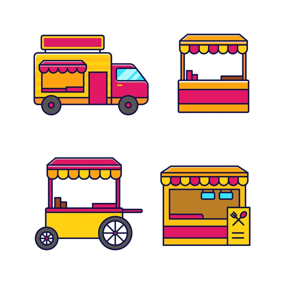 Set von Imbisswagen und Imbiss-Vektorillustration mit einfachem Design isoliert auf weißem Hintergrund. Street-Food-Symbol vektor