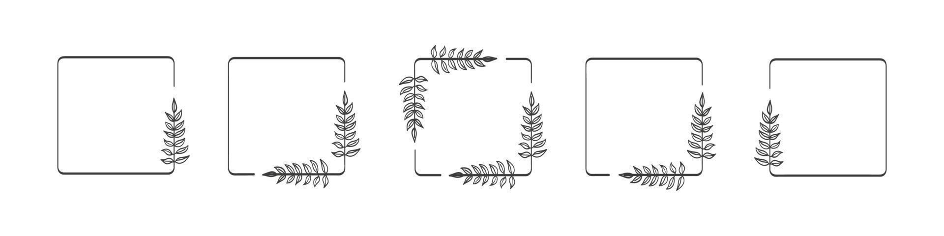 Reihe von schwarzen quadratischen Lorbeerzweigen. Vektorillustration von handgezeichneten Kränzen vektor