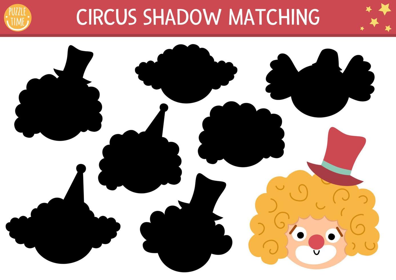 Zirkus-Schatten-Matching-Aktivität mit niedlichem Clown-Gesicht. Unterhaltungsshow-Puzzle mit lustigen Charakteren. Finden Sie das richtige druckbare Arbeitsblatt oder Spiel. Unterhaltungsfestivalseite für Kinder vektor