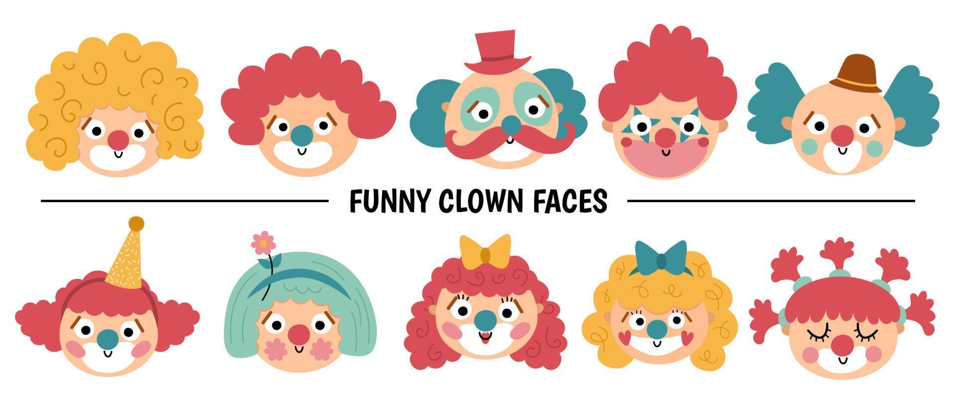 vektor uppsättning med clown ansikten. cirkus artister avatars ClipArt. nöje Semester ikoner packa. söt rolig festival tecken klämma konst. gata visa komiker illustration