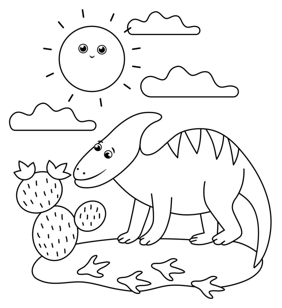 Schwarz-Weiß-Dino in einer Wüste unter der Sonne mit Kaktus. Sommerszenen-Umrissillustration mit niedlichem Dinosaurier. lustige prähistorische reptilien zum ausmalen für kinder vektor