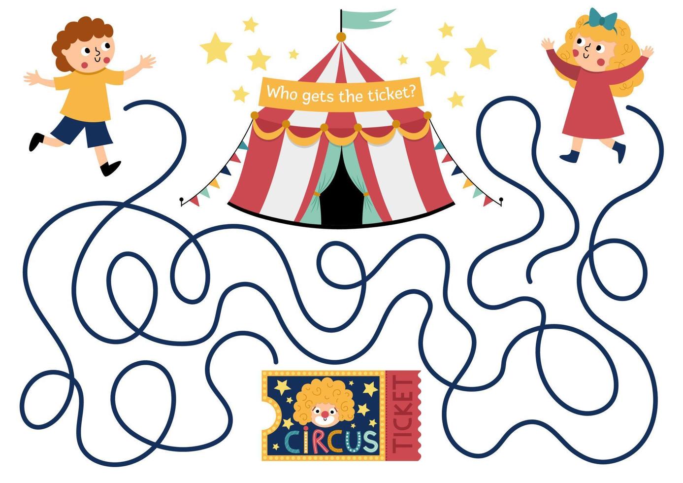 cirkus labyrint för barn med pojke, flicka, biljett. nöje visa förskola tryckbar aktivitet med clown, tält. underhållning festival labyrint spel eller pussel. vem får de biljett vektor