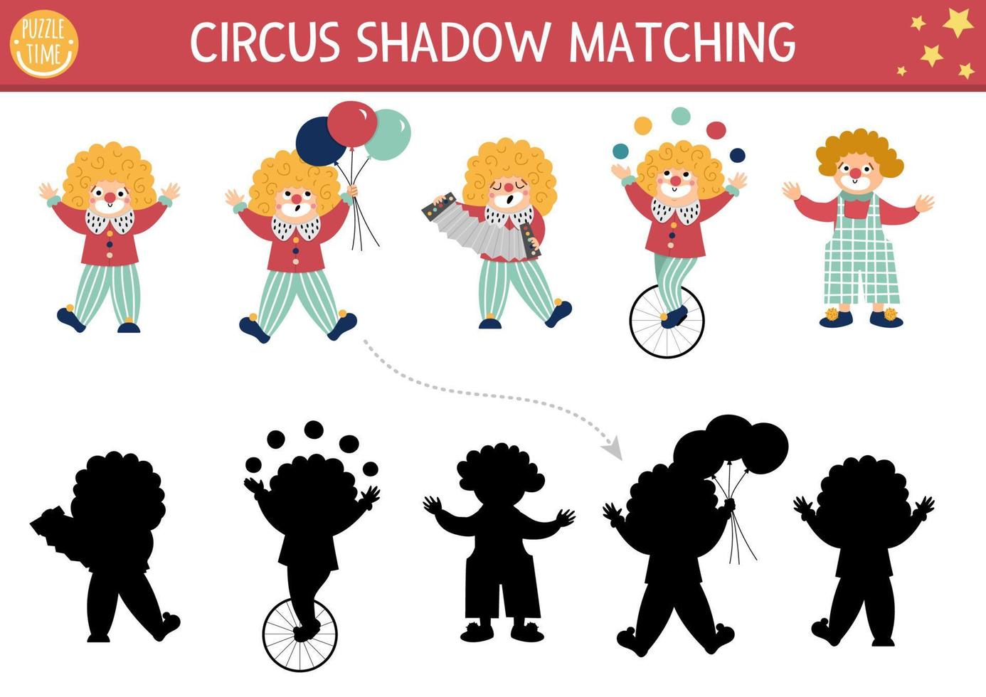 Zirkus-Schatten-Matching-Aktivität mit niedlichen Clowns. Unterhaltungsshow-Puzzle mit lustigen Charakteren. Finden Sie das richtige druckbare Arbeitsblatt oder Spiel. Unterhaltungsfestivalseite für Kinder vektor