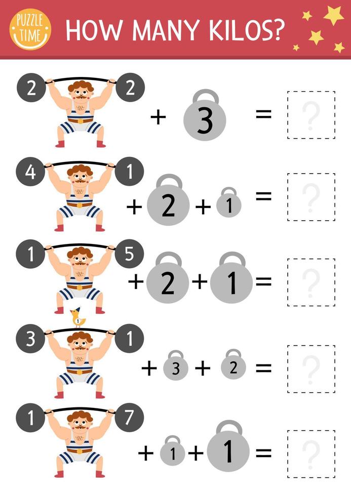 zirkus wie viele kilo spiel mit lustigem athleten, gewicht, hanteln. Unterhaltungsshow Mathe-Additionsaktivität für Kinder im Vorschulalter. Druckbares einfaches Arbeitsblatt zum Zählen von Festivals für Kinder vektor