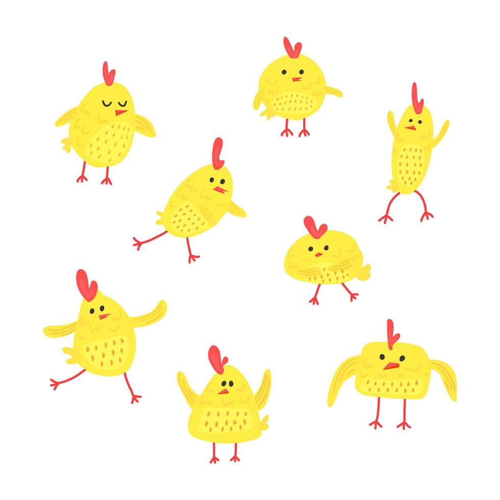 Hühnerset in gelber Farbe im Stil der Kinderzeichnung. vektor