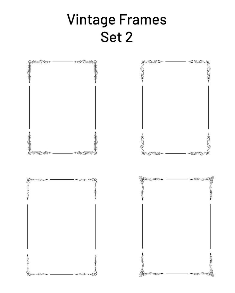 samling av fyra trevlig retro utsmyckad ramar, hörn blomstrar, uppsättning av exklusiv rektangel vinjetter, tömma mallar. skön hand dragen design element, utsmyckning för tidning, tom, hälsning vektor