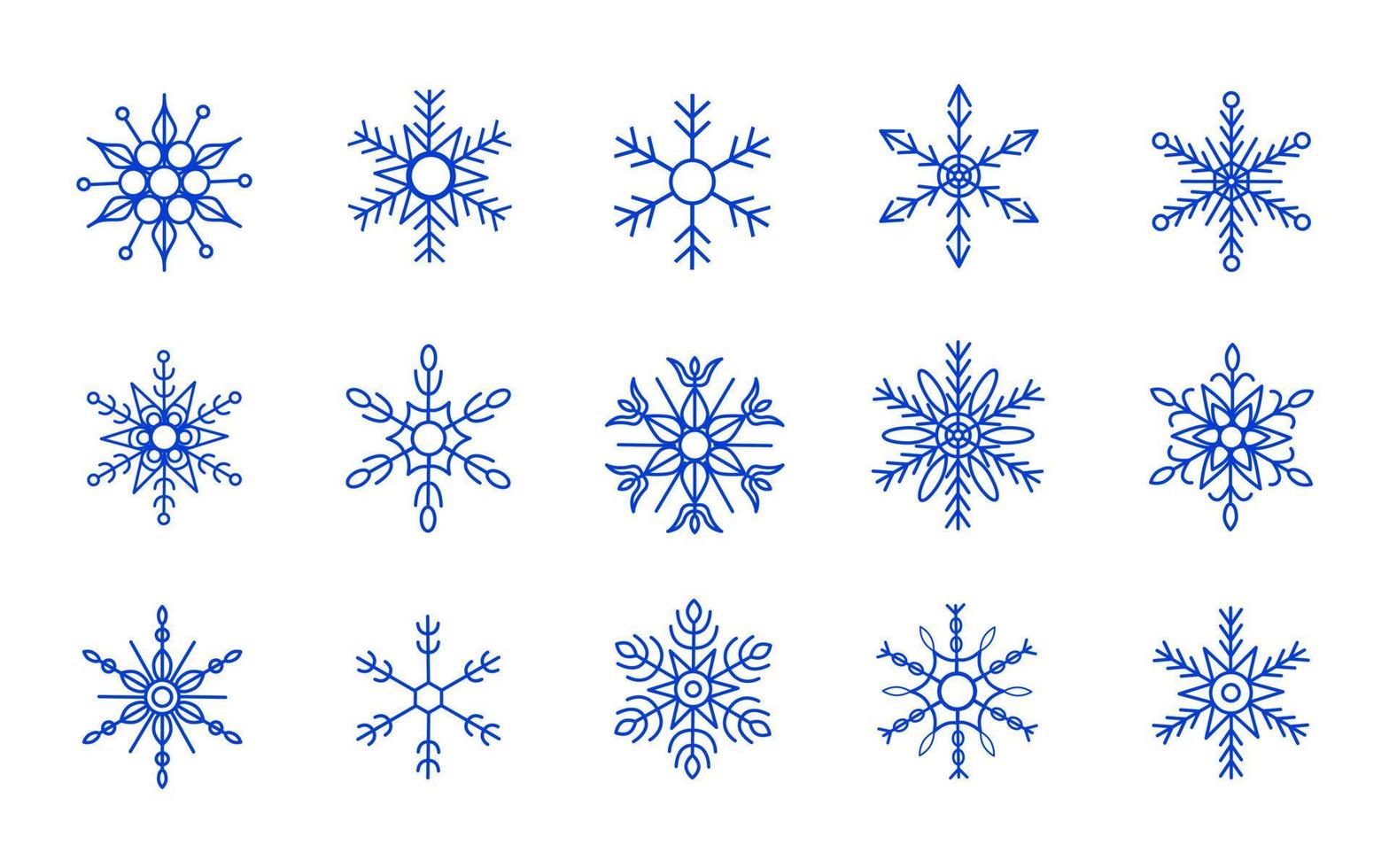 set sammlung verschiedener kunstvoller schneeflocken, blauer geometrischer isolierter symbole für drucke, dekoration usw vektor