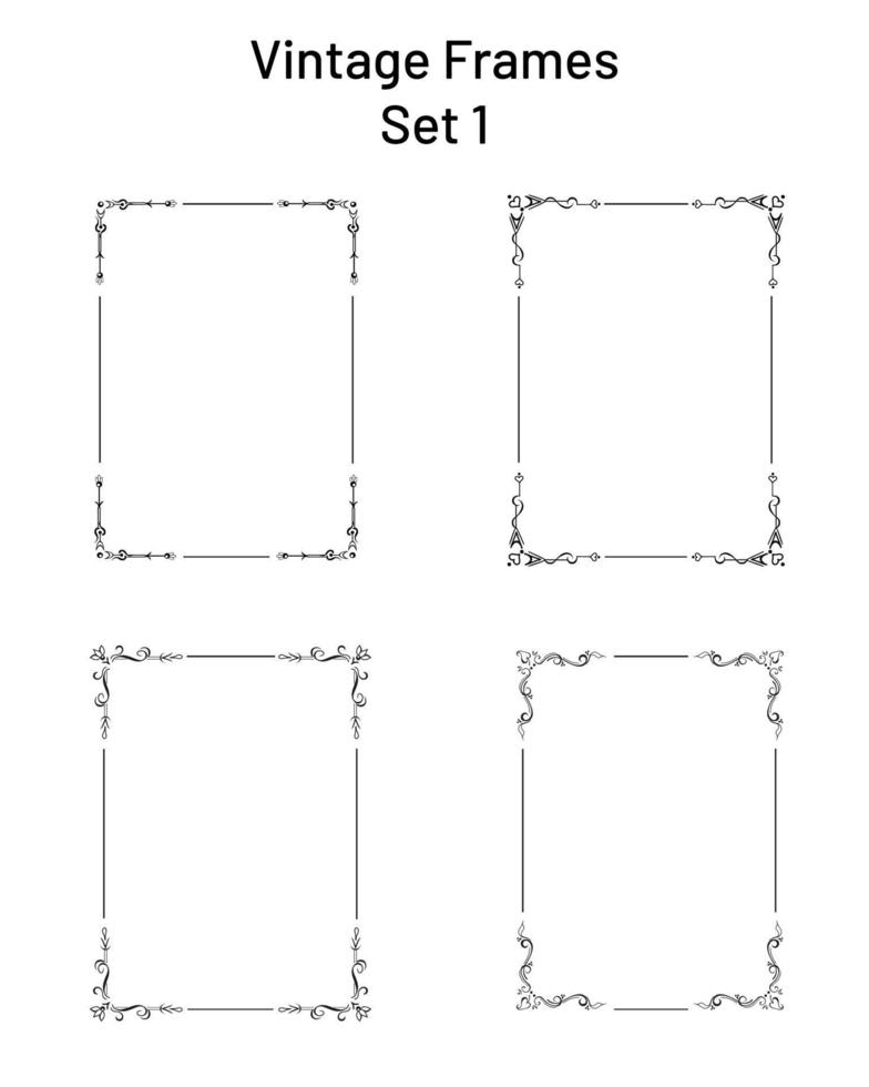 Set aus 4 einzigartigen, verzierten Retro-Rahmen mit Eckschnörkeln, Sammlung exklusiver rechteckiger Vignettenvorlagen, handgezeichnete Designelemente für Kopierraum, für Seiten, Leerzeichen, Grüße, Zertifikate vektor