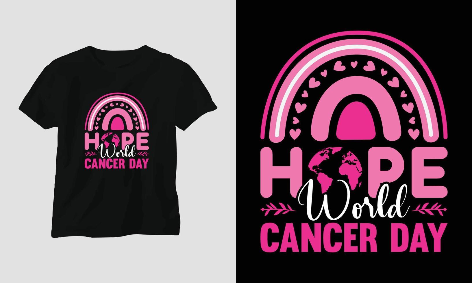 värld cancer dag t-shirt design med band, näve, kärlek, fjäril, och motiverande citat vektor
