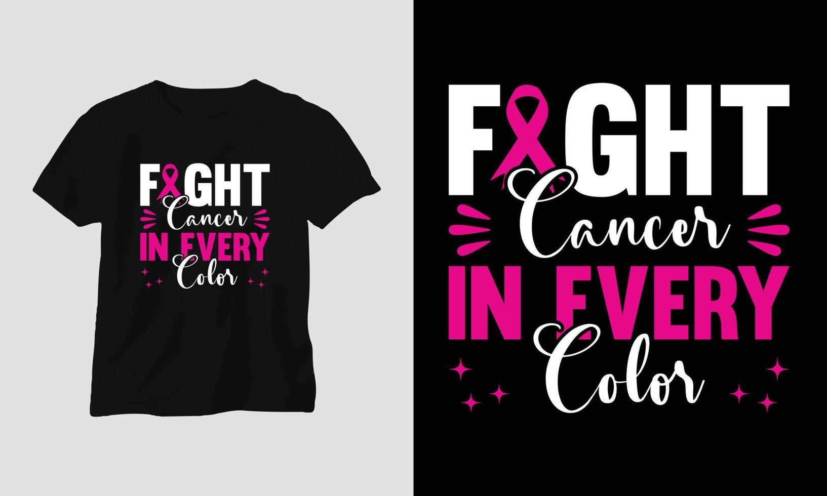 bekämpa cancer i varje Färg - värld cancer dag t-shirt design med band, näve, kärlek, fjäril, och motiverande citat vektor