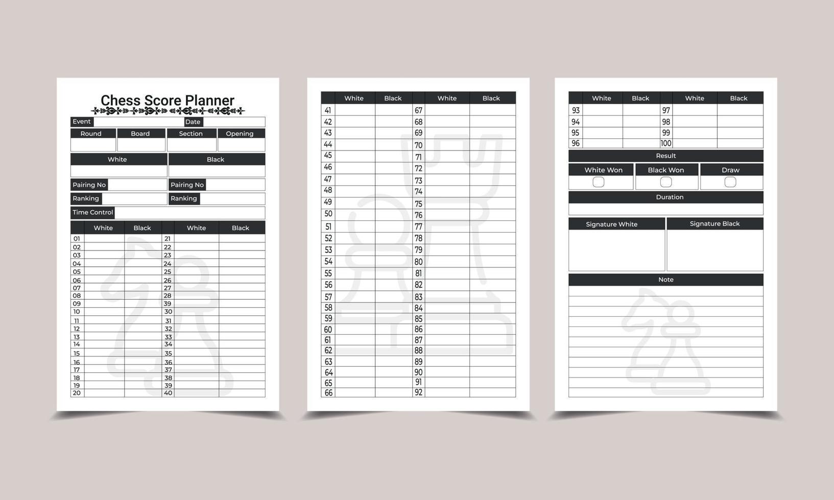 Schach Partiturplaner. Schachspielerinformationen und Spielstand-Tracker-Innenraum vektor