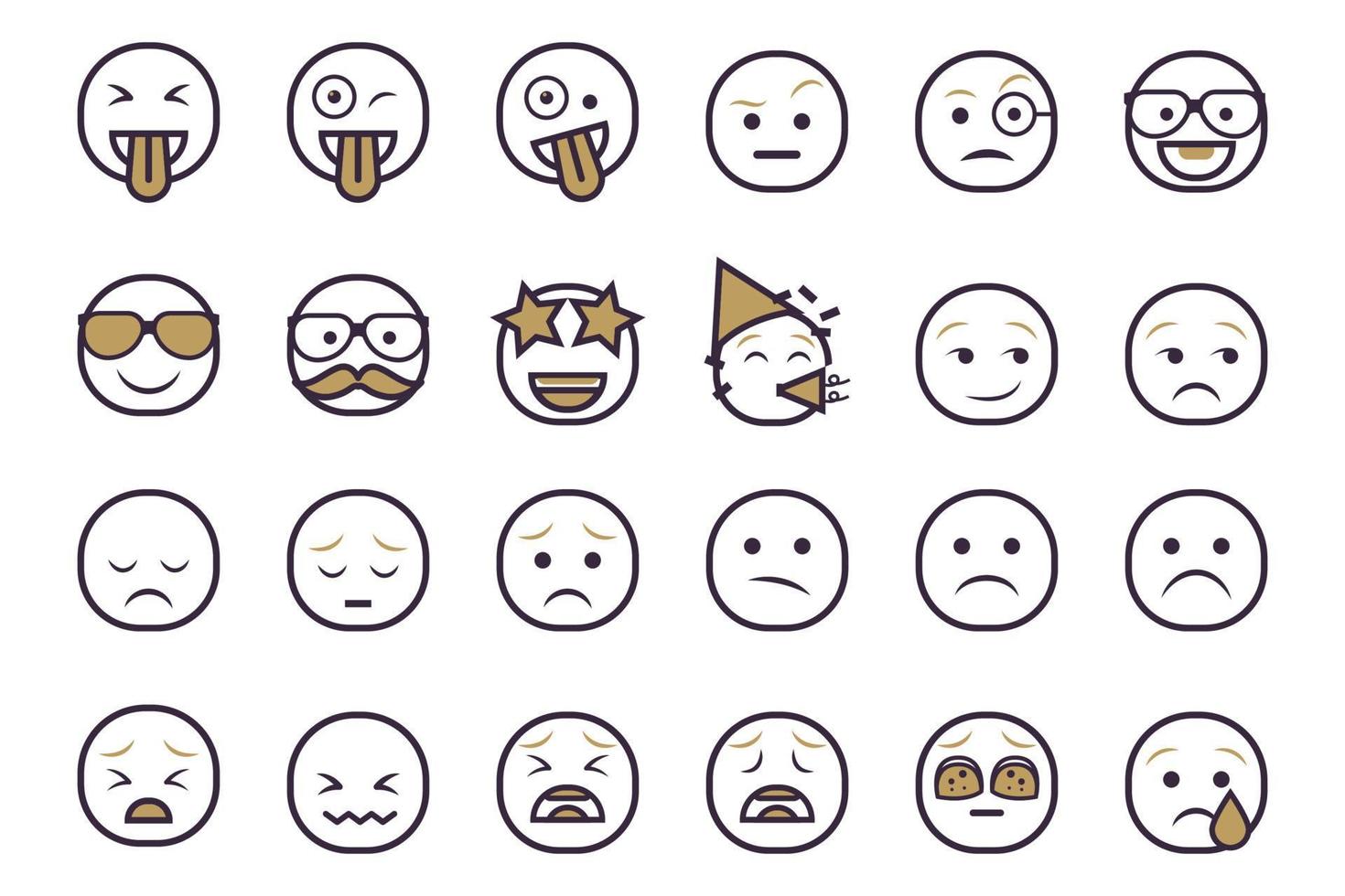 Reihe von Emoticon-Smilley-Symbolen. Cartoon-Emoji-Set mit Lächeln, traurigen, glücklichen und flachen Emotionen im zweifarbigen Stil vektor