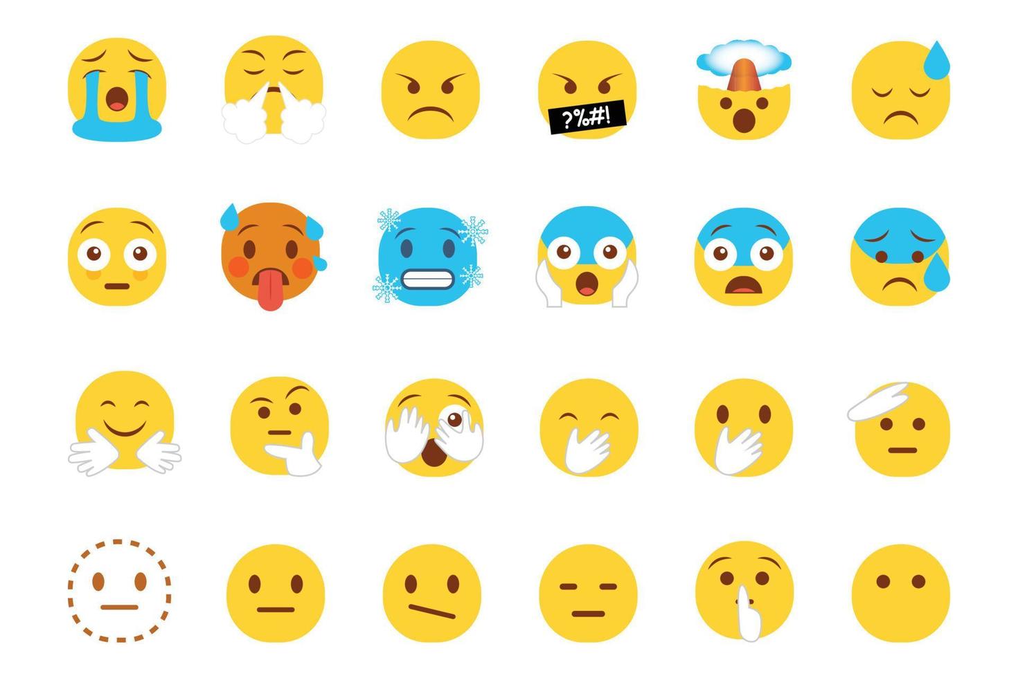 Reihe von Emoticon-Smiley-Symbolen. karikatur-emoji-set mit lächeln, traurigen, glücklichen und flachen emotionen im flachen stil vektor